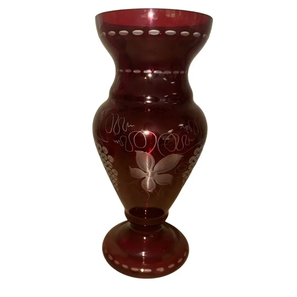 Vintage Egermann Ruby Red Cut To Clear Glass Vase